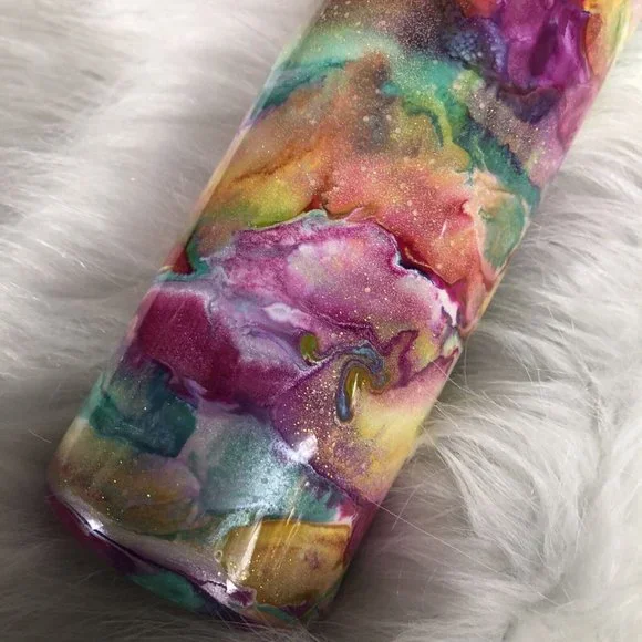 20 Ounce Tumbler Hand-Painted Pinks Pearl Teal Yellow Lid And Straw - Picture 4 of 16